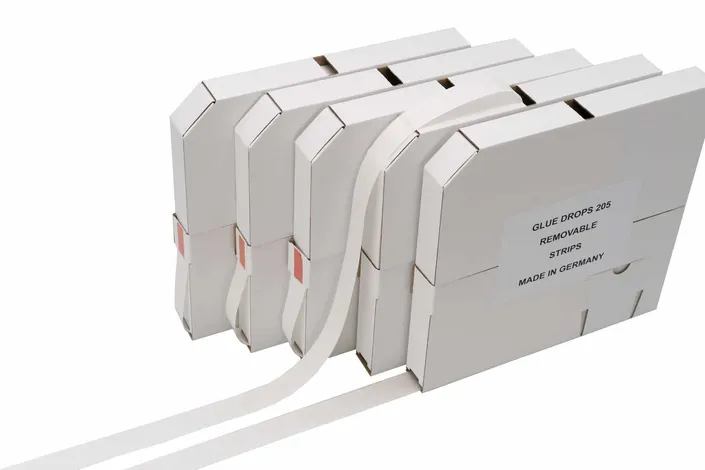 Doppelseitige Silikonklebepunkte Glue-Drops in Spenderbox, Logo-Flex